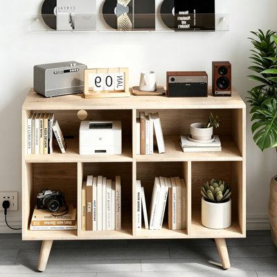 Record Player Stand with Vinyl Storage, 6 Comartment Storage Farmhouse Record Player Table, Up to 350 Albums Modern Turntable Stand for Music Studio&Living Room, Oak