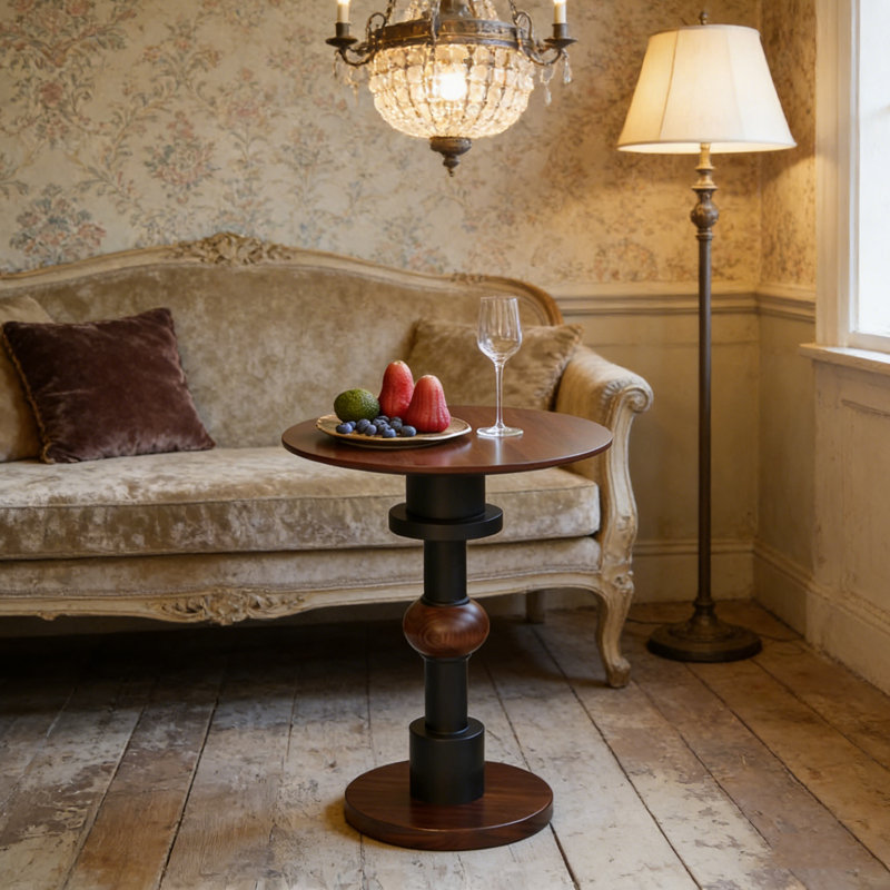 Dark brown black solid wood round side table
