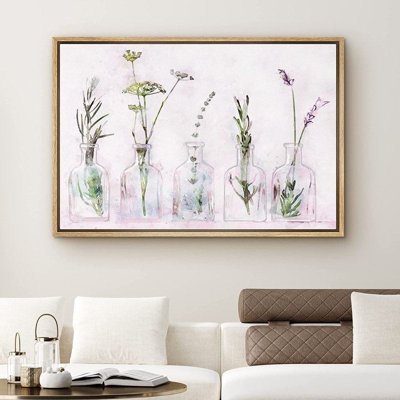 Natural Wood Framed Canvas Print with Purple Perennial Flowers