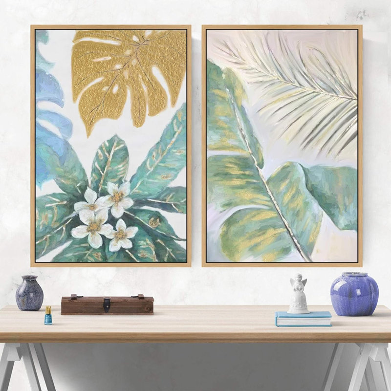 «Tropical Jungle Leaveas Abstract», 2 pièces, Naturel, H 36 po x l 24 po