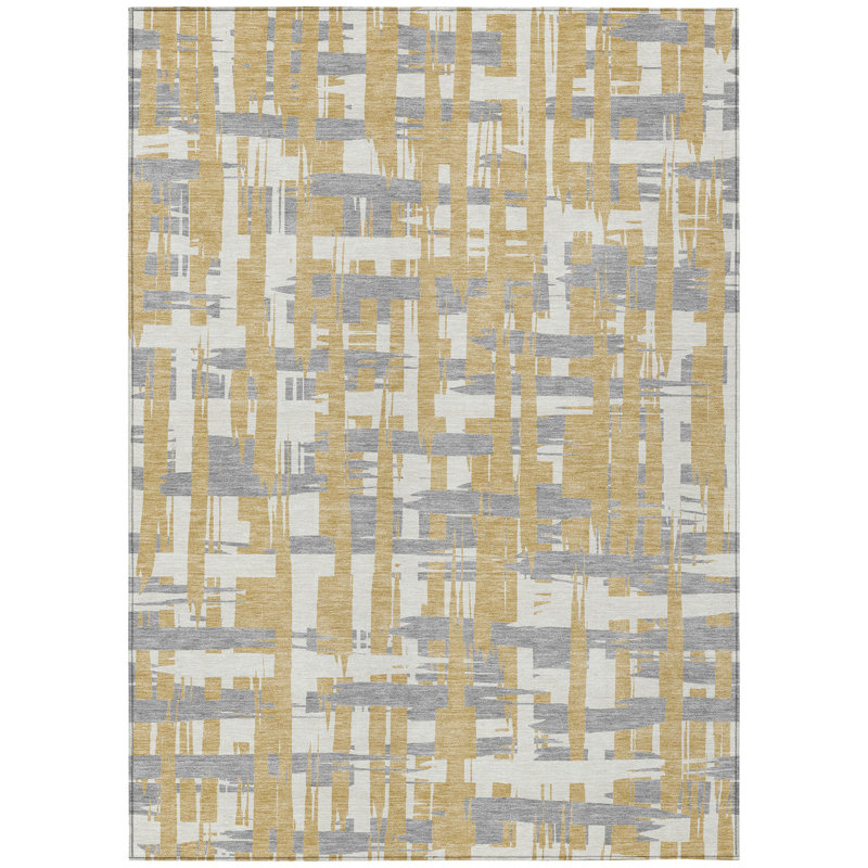 3' X 5' Gold Ivory And Gray Striped Washable Indoor Outdoor Area Rug
