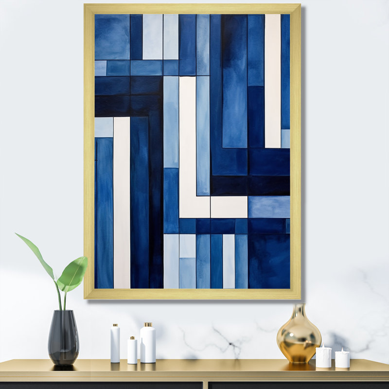 «Blue White Sapphire Symmetry I - Abstract Shapes», art sur toile, H 40 po x l 30 po x P 1,5 po, Cadre doré simple
