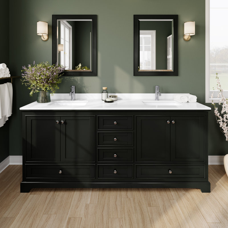 Ensemble de meuble-lavabo double 80 "Deborah, Espresso foncé, Marbre de culture blanc, Chrome poli