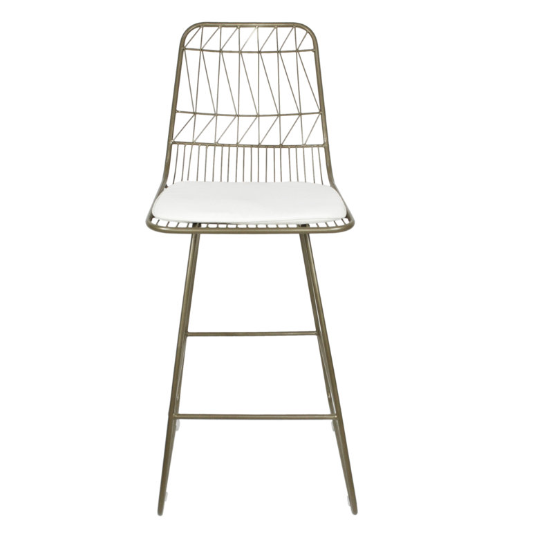 Set of 2 Light Brass Iron Counter Stools with Ivory Cushions
