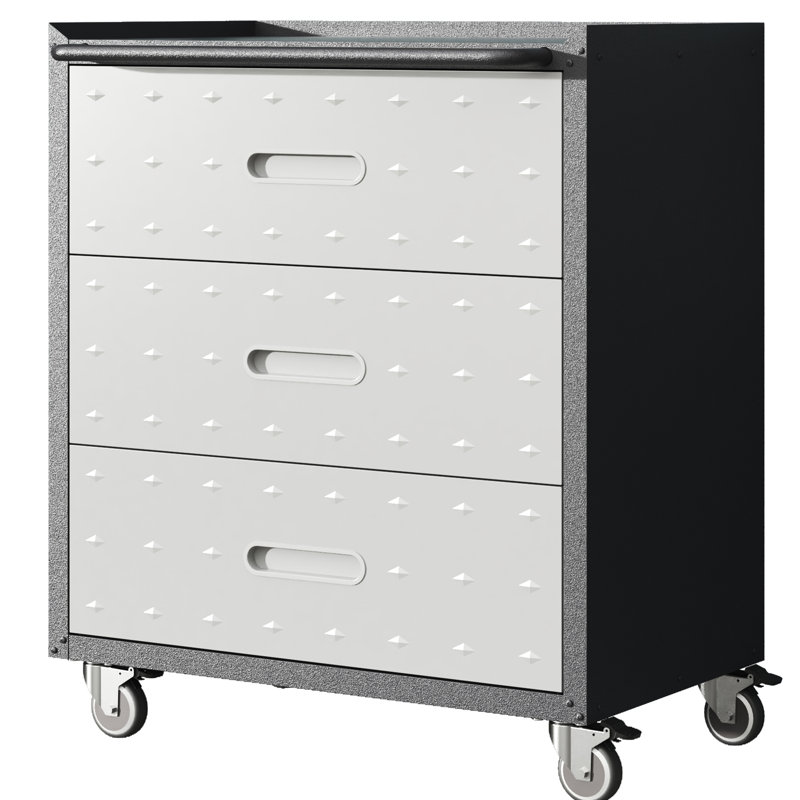 3 Drawer Heavy-Duty Metal Storage Cabinet With Wheels - For Garage, Office, Home Organization. Black/Gray. 29.83"W X 16.7"D 35.52"H. Steel. 360 Lockable . Generous Storage. Formaldehyde- Coating.