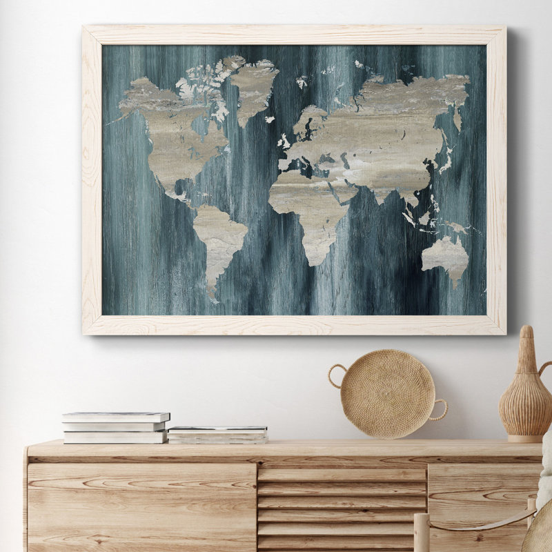 " Navy World Map ", White Framed, 23" H x 32" W x 1" D