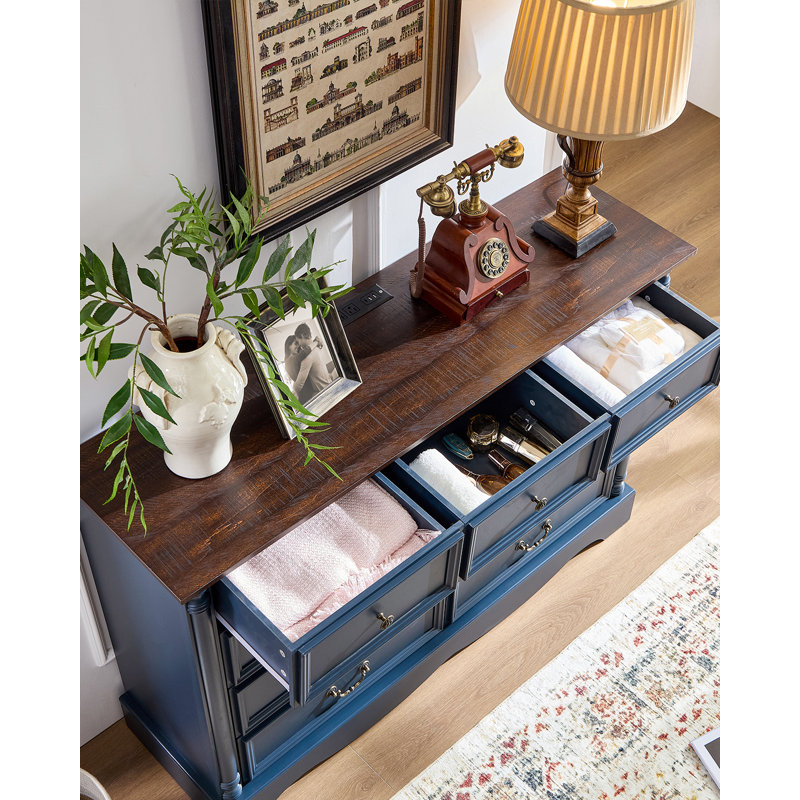 Commode 9 tiroirs, commode campagnarde de 54 po de largeur avec station de charge, finition patinée, Bleu