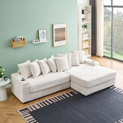 Velours côtelé 111,4 po beige avec méridienne spacieuse et fonction de rangement avec accoudoirs réversible pour plus de confort