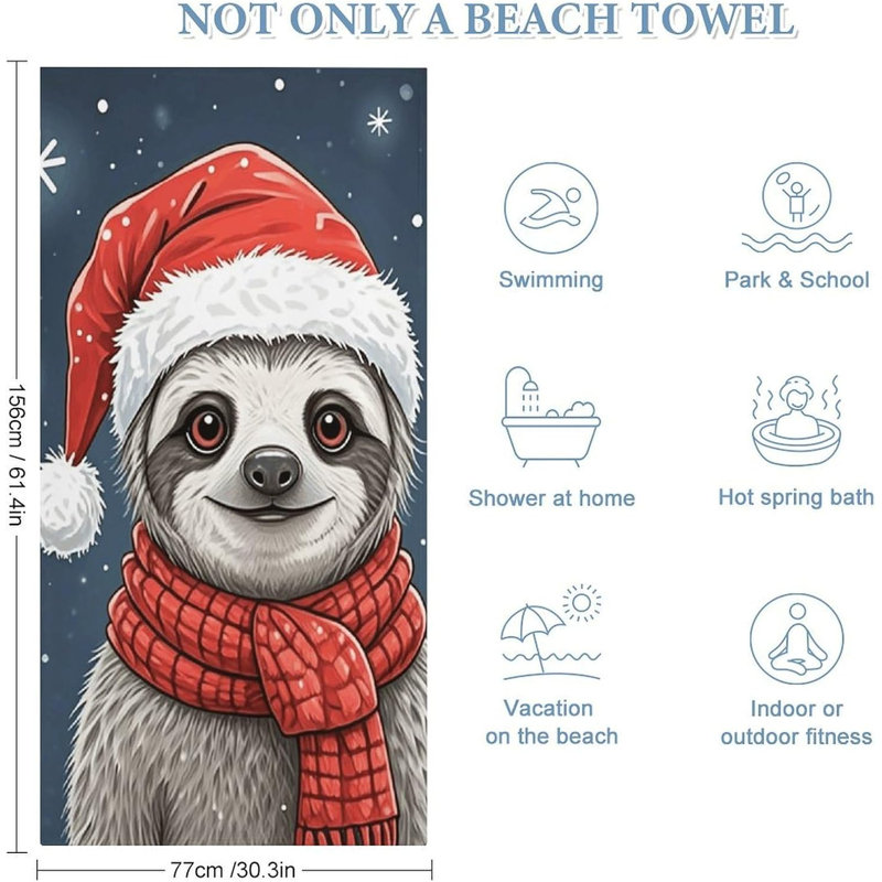 Quick Dry Microfiber Christmas Sloth Beach Towel, 32 x 63 in