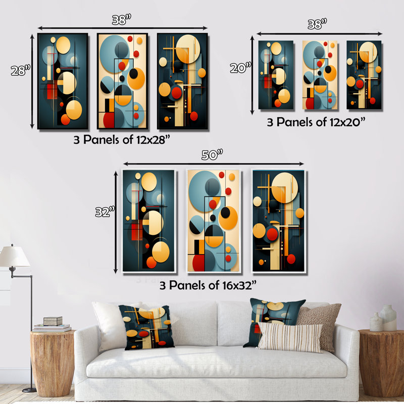 «Retro Bliss Abstract Circular Geometrics VI», 3 pièces sur toile, Toile tendue, H 28 po x l 36 po