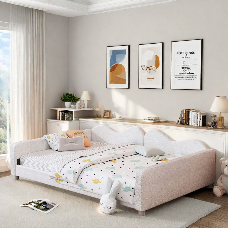 Upholstered Daybed With Cloud-shaped Backrest, White