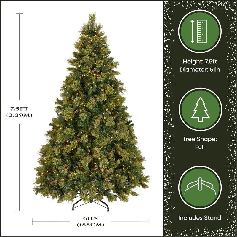 Arbre de Noël artificiel 7,5 pi avec 750 lumières claires et pommes de pin préinstallées, 1399 branches, support en métal pour décoration de maison de vacances