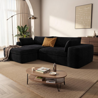 Canapé modulaire Cloud avec méridienne en forme de L, canapé modulaire moderne avec assise profonde, fauteuils rembourrés pour la chambre à coucher du salon, aucun assemblage requis, noir (tissu velours côtelé)