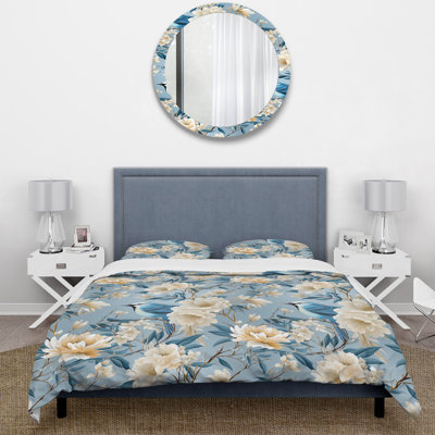 White And Blue Bird Floral Serenade IV - Floral Duvet Cover Set