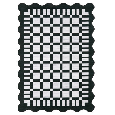 Scalloped Checkerboard Area Rug Machine Washable Rug for Living Room Bedroom Dining Room