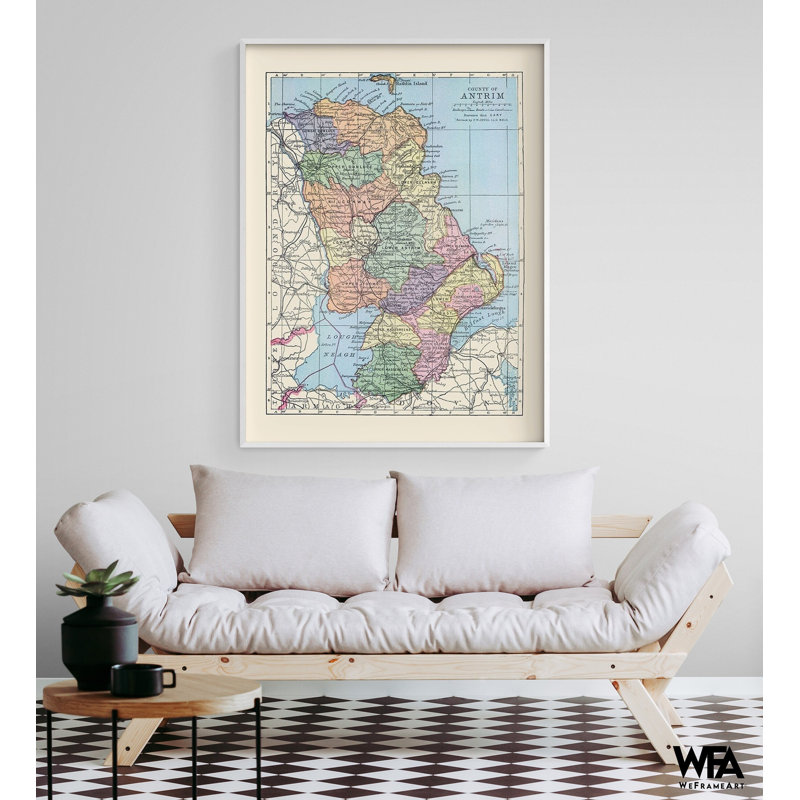 «Antrim County Ireland - Bartholomew 1882», carte de style campagnard rustique irlandais, très grand pub irlandais, impression de carte d'Irlande
