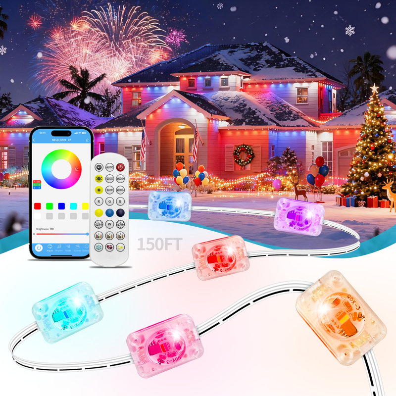 Permanent Outdoor Lights,150ft RGB+IC Outdoor Lights with 72 LED Lights, 50 Scene Modes,App/Remote Control,IP68 Waterproof,for Christmas,Halloween,Daily & Holiday Party Decor,House Roof Lighting