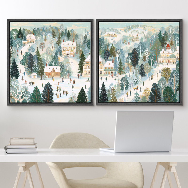 «Cozy Winter Town Family Ice Skating Park Scene», reproduction d'art encadrée de la chambre principale, 2 pièces