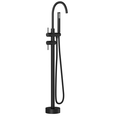 Freestanding Bathtub Faucet Matte Black Floor Mount, Smoothly Rotating Arc Spout For Optimal Filling, Dual Outlet Selection, Handheld With Extended Reach Mount Tub Filler Freestanding, Splash - Water