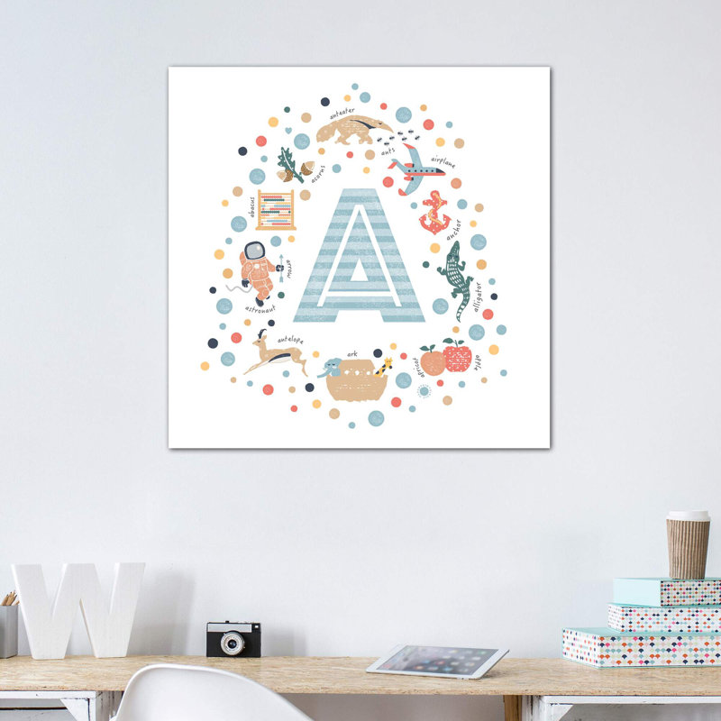 Lettre illustrée A bleue - impression, Toile tendue, Pas de tapis, H 12 po x l 12 po x P 1,5 po