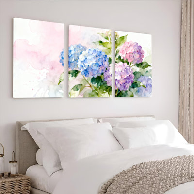 Aquarelle, hortensia, art mural sur toile, ensemble de 3 panneaux, décor pastel doux de style boho pour le salon ou la chambre à coucher