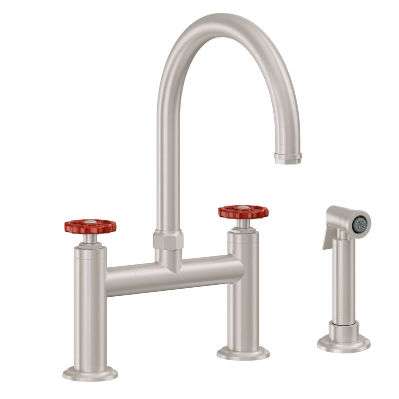 Bridge Kitchen Faucet - Arc Spout, Polished Brass, With Side Spray, Red Wheel