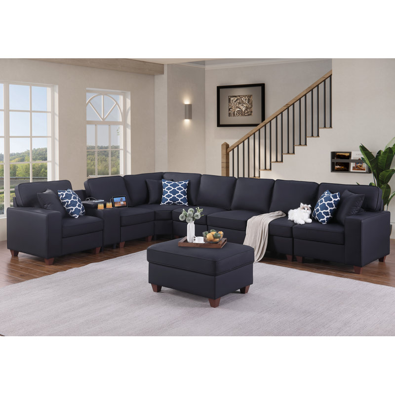 Canapé modulaire à accoudoirs carrés 151,25 po, Similicuir noir Becky