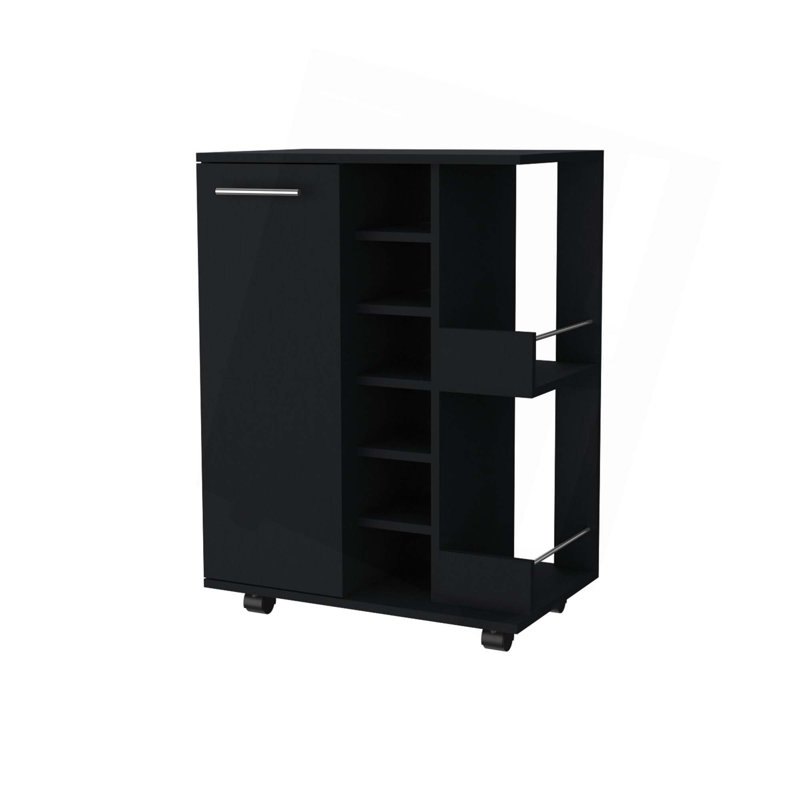Tennessee Bar Cart,One Cabinet With Division,Six Cubbies For Liquor,Two Shelves, Black