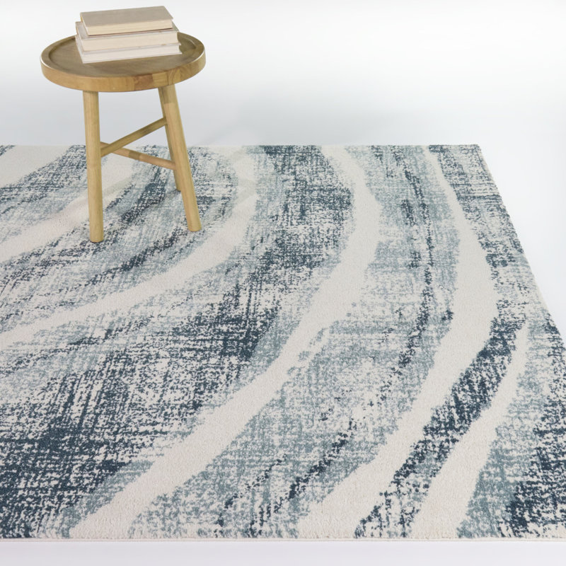 Barthe Blue/Cream Contemporary Abstract Area Rug, Rectangle 5'3" x 7'