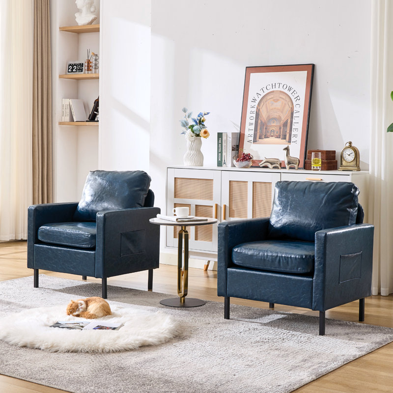 Faux Leather Accent Chair With Metal Legs & Side Pocket (Set Of 2), Blue