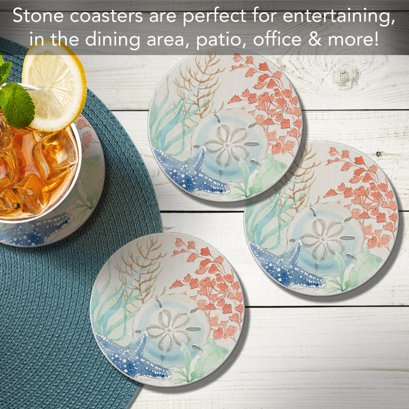 CounterArt Seaside 4 Pack Round Absorbent Stone Coasters (Set of 4)