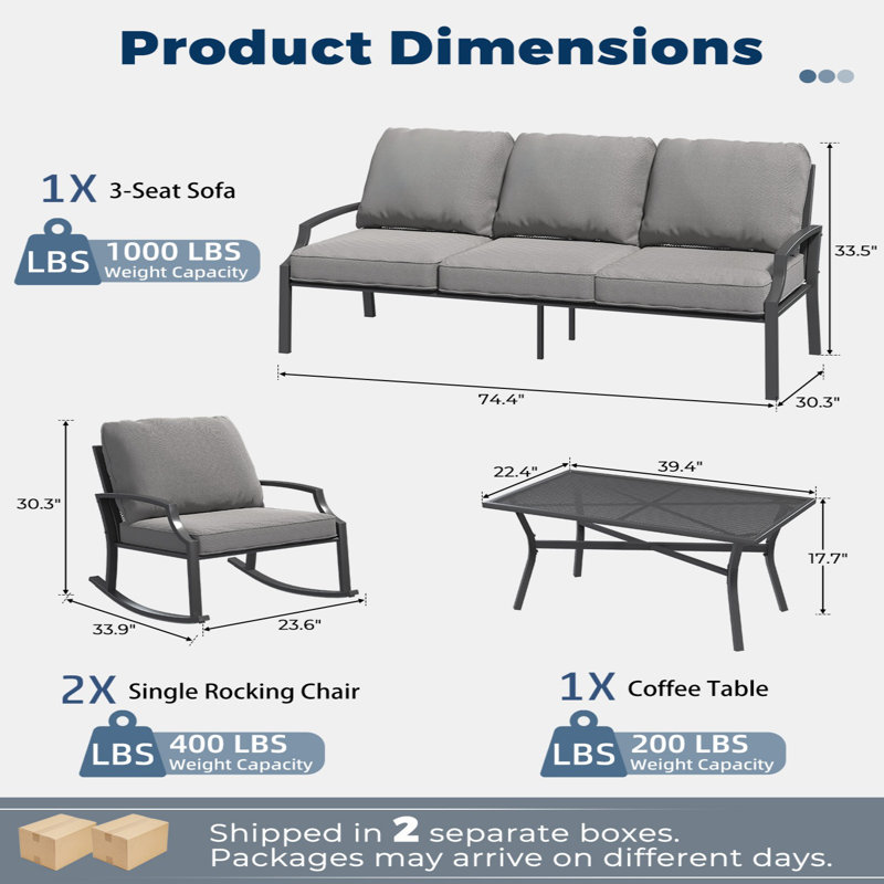 4 Piece Metal Mesh Patio Conversation Bistro Set With Coffee Table, Dark Gray
