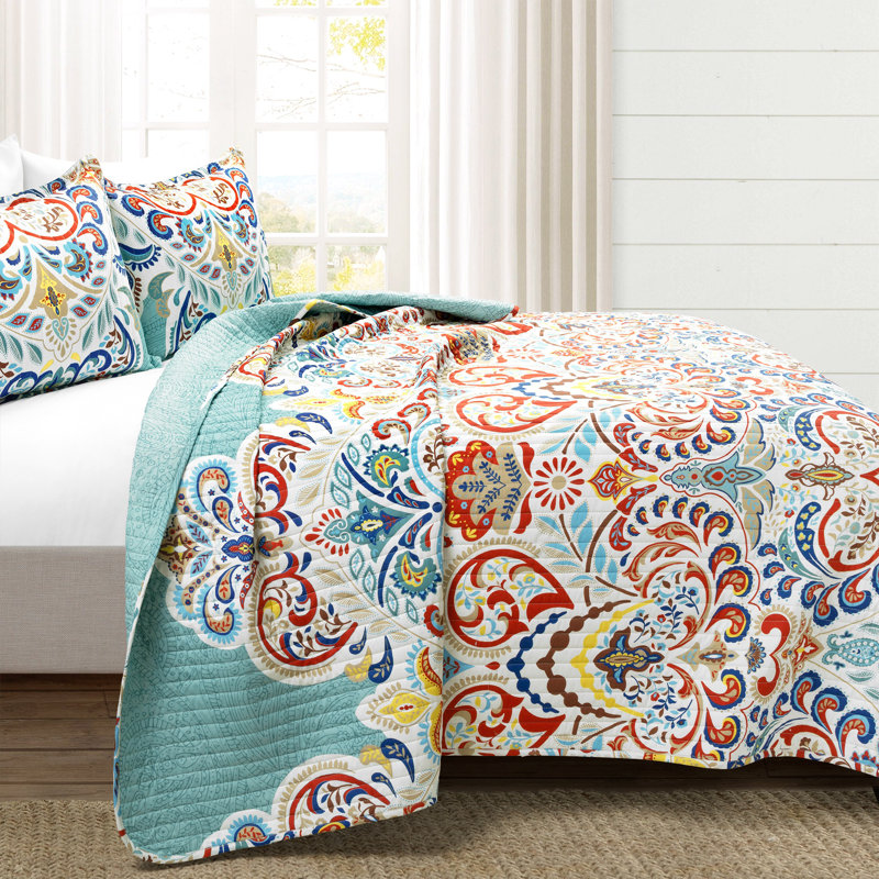 Seafoam and Red Boho Chic Reversible Cotton Full Quilt Set