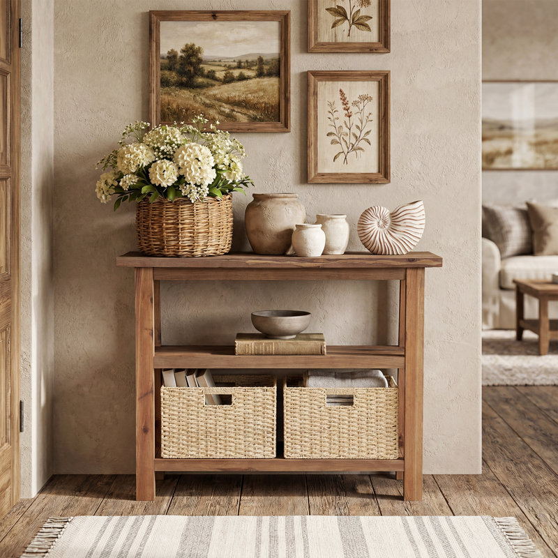 Console de 41,3 pouces en bois massif, table d'entrée de ferme avec panier de rangement