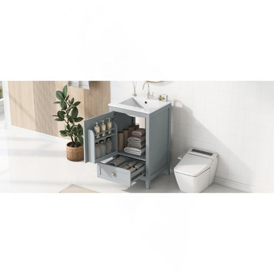 Meuble-lavabo de 20 po avec lavabo, armoire de salle de bain avec porte à fermeture douce, support de rangement et tiroir, gris