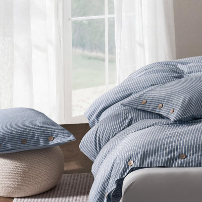 100% Cotton Standard Striped Pillowcases,Button Closure,Blue，26" x 20"