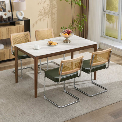 Ensemble de 2 chaises de salle à manger modernes du milieu du siècle en rotin canne, structure en bois massif, assise rembourrée en mousse et similicuir PU, style cantilever, sans accoudoirs, en métal chromé, pour la cuisine et la salle à manger.