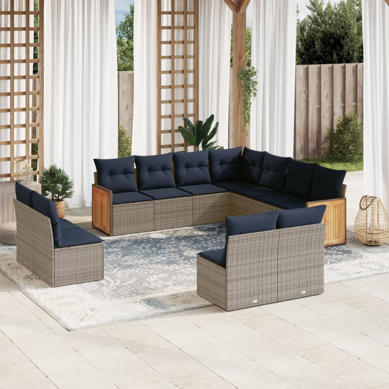 Ensemble de canapé de patio 12 pièces avec coussins en rotin de polyester gris