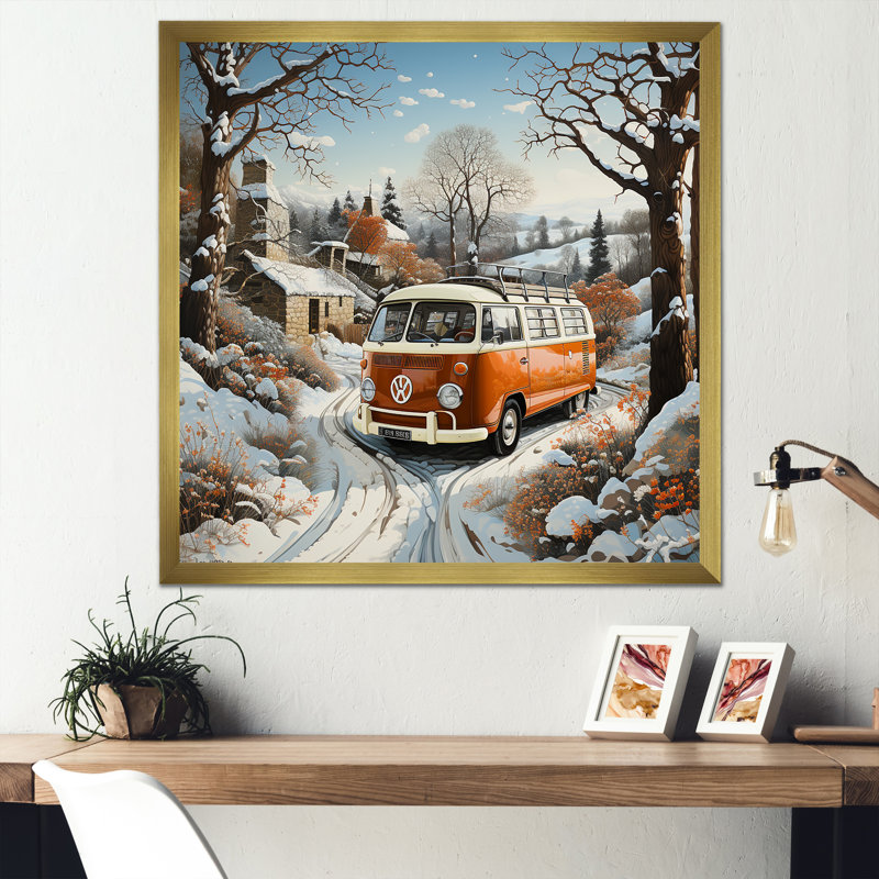 «Hippie Van Charm In Winter», reproduction sur toile, Cadre doré simple, H 24 po x l 24 po x P 1 po