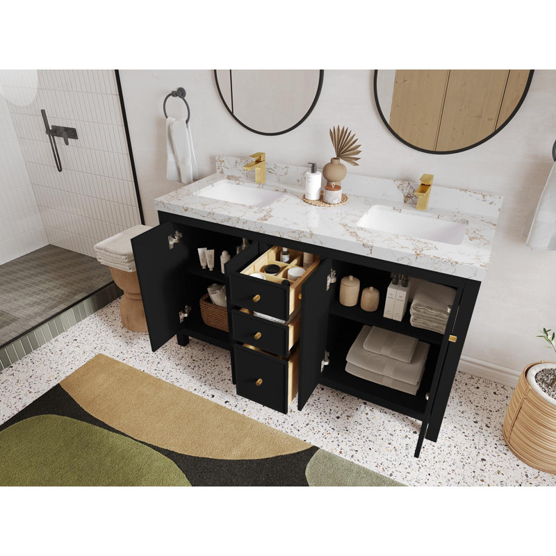 Meuble-lavabo double 60 po avec plateau en quartz Bronya