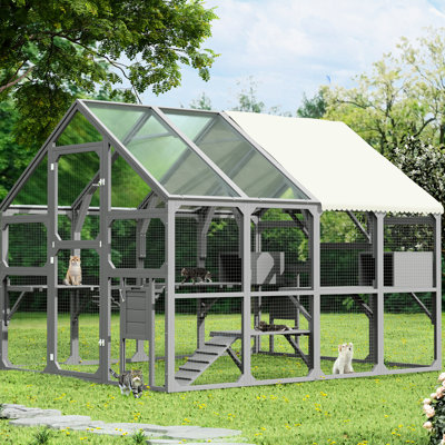 Enclos pour chat gris en bois pour plusieurs chats - Très grande maison avec 7 plateformes, 2 boîtes de repos, pont, rampe et pièce de rangement, assemblage facile et bonne transmission