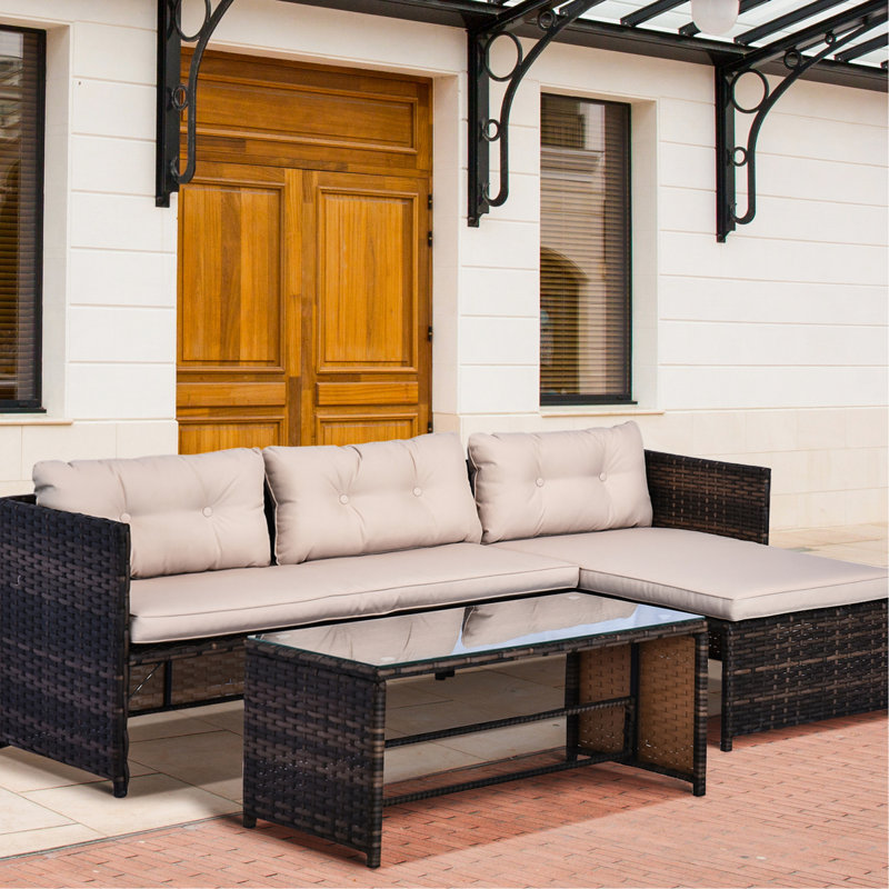 Extérieur 3 pièces - Mobilier de patio avec méridienne et coussins de siège et de dossier doux, table en verre, pièce beige confortable