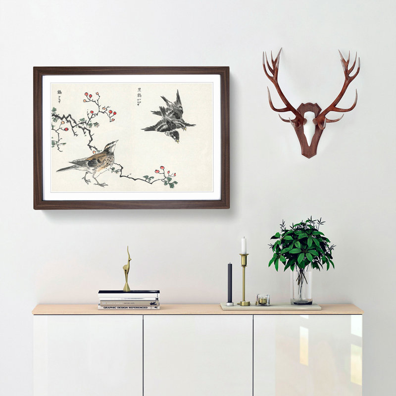 Thrush Birds by Numata Kashu - Picture Frame Painting Print, 60cm H x 91cm W x 2cm D, Walnut