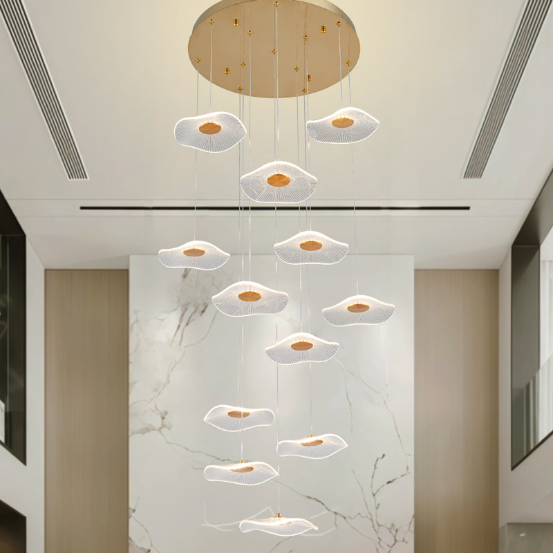 Lustre long avec escalier 118 "pour hauts plafonds, luminaires suspendus modernes à DEL dorés avec abat-jour feuille de lotus, lustre spiralé linéaire doré pour vestibule à double hauteur