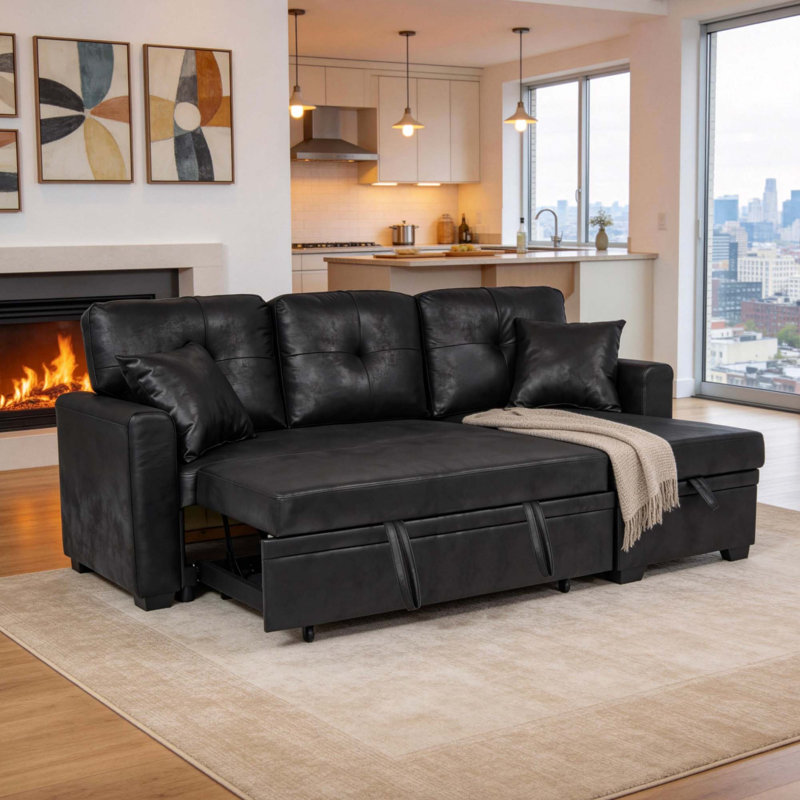 Canapé modulaire peu encombrant avec lit escamotable et méridienne réversible, Black Fabric, Left Hand Facing