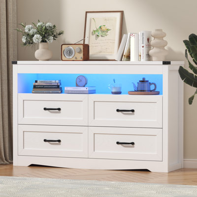 4-Drawer Dresser with LED Lights & Open Shelf, White Modern Wood Dresser with App Control, Multi-Functional Storage Cabinet for Bedroom & Living Room