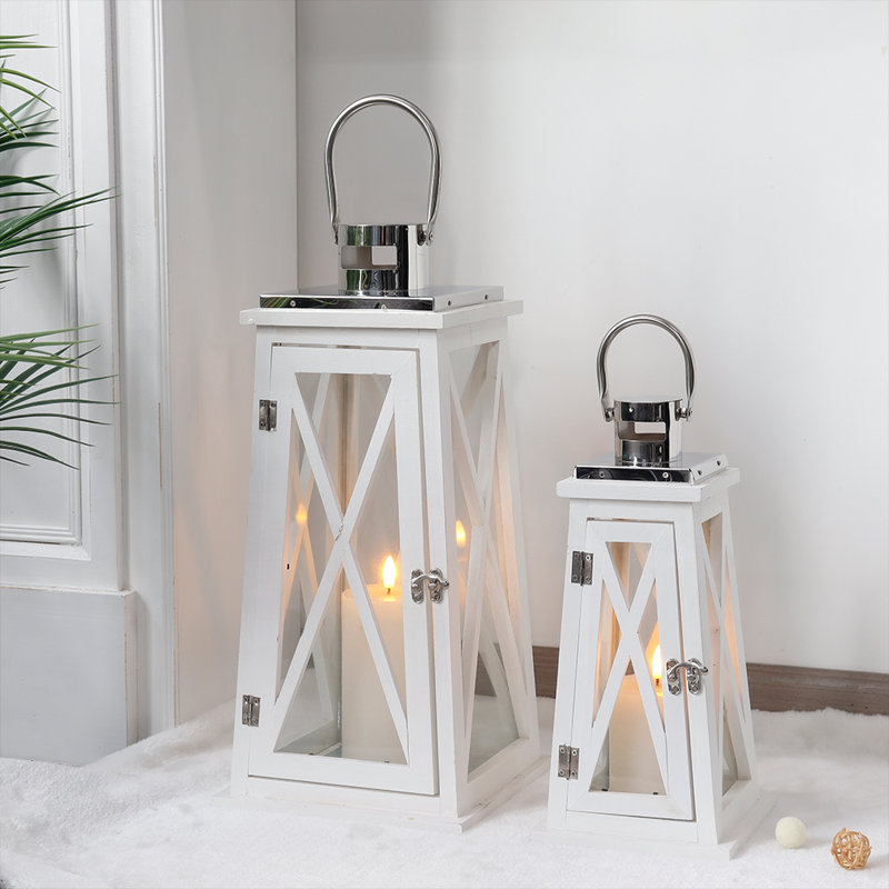 Set Of 2 Decorative Wooden Candle Lanterns Metal Decorative Candle Holders, White 