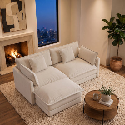 70.8" L-Shaped 2-Seater Sofa with Ottoman, Upholstered Chenille Loveseat with 2 Armrest Pillows & 2 Toss Pillows, Space-Saving Sectional Couch for Living Room, Apartment & Bedroom, Light Coffee