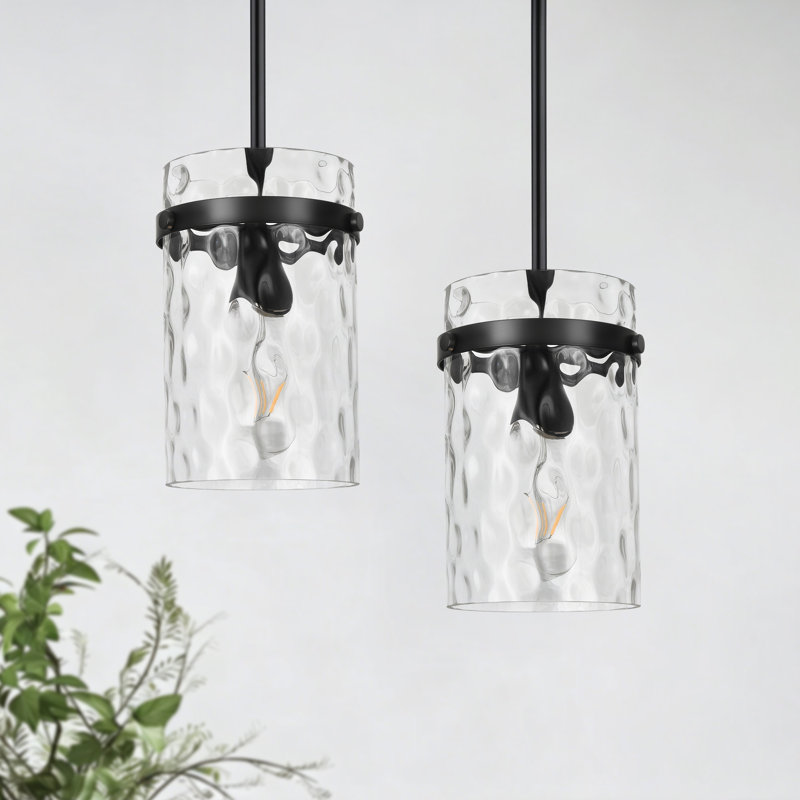 (Set Of 2)1-Light 5.1"W Modern Industrial Glass Pendant Light for Kitchen Island, Over Sink, Black