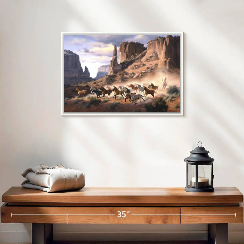 Grès et chevaux volés, 19 po x 13 po, Cadre flottant blanc